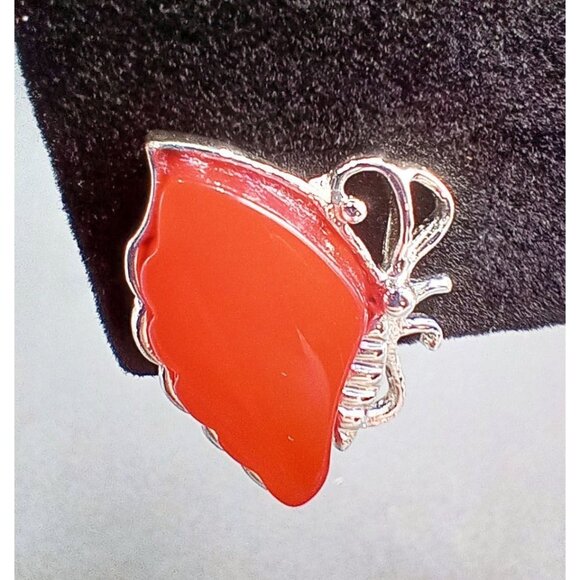 Clip On Earrings Butterfly Wings Orange Lucite Vintage 1950s Silver Tone 1 Inch - Picture 9 of 15